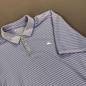 Tommy Bahama Polo Shirt Men 2XL Blue White Striped IslandZone Supima Golf Casual